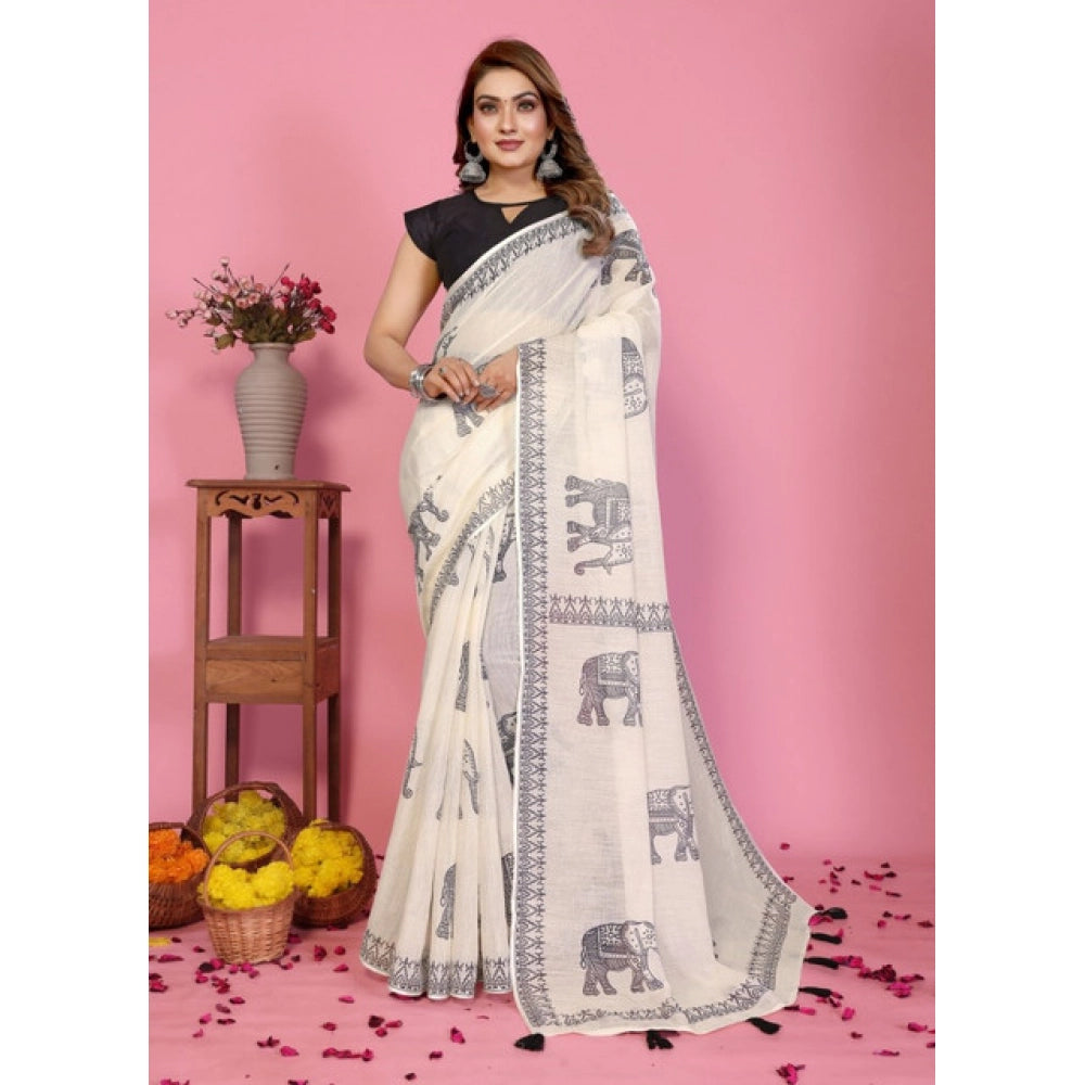 Women's Linen Cotton Printed Saree With Unstitched Blouse 5.5 Mtr (Off White)