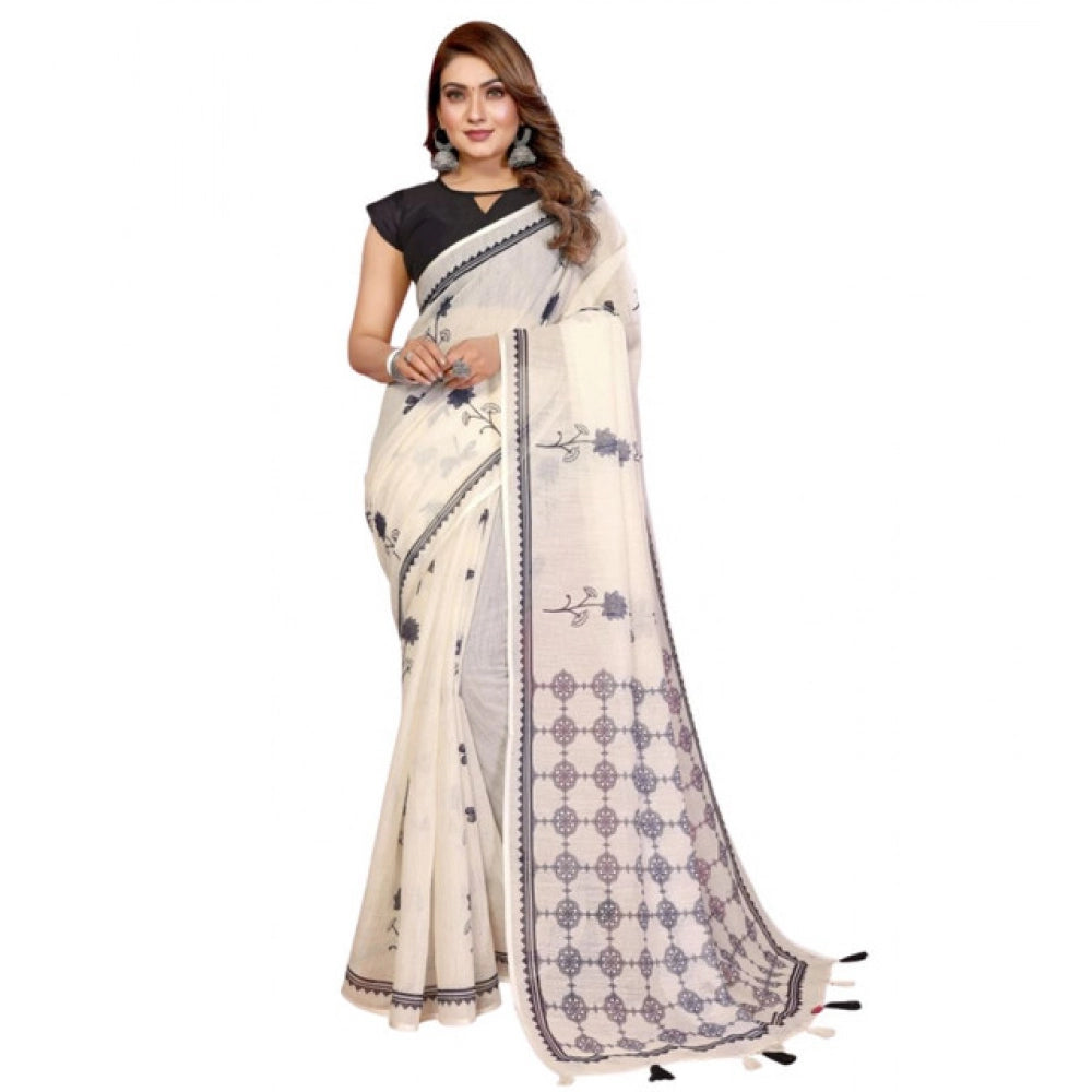 Women's Linen Cotton Printed Saree With Unstitched Blouse 5.5 Mtr (Off White)