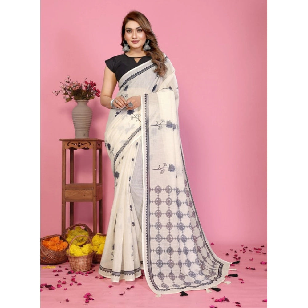 Women's Linen Cotton Printed Saree With Unstitched Blouse 5.5 Mtr (Off White)