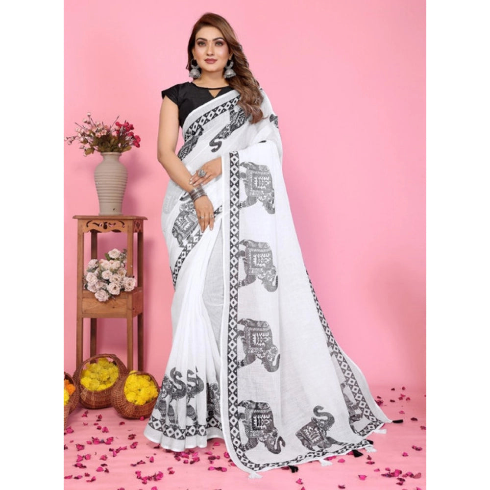 Women's Linen Cotton Printed Saree With Unstitched Blouse 5.5 Mtr (White)
