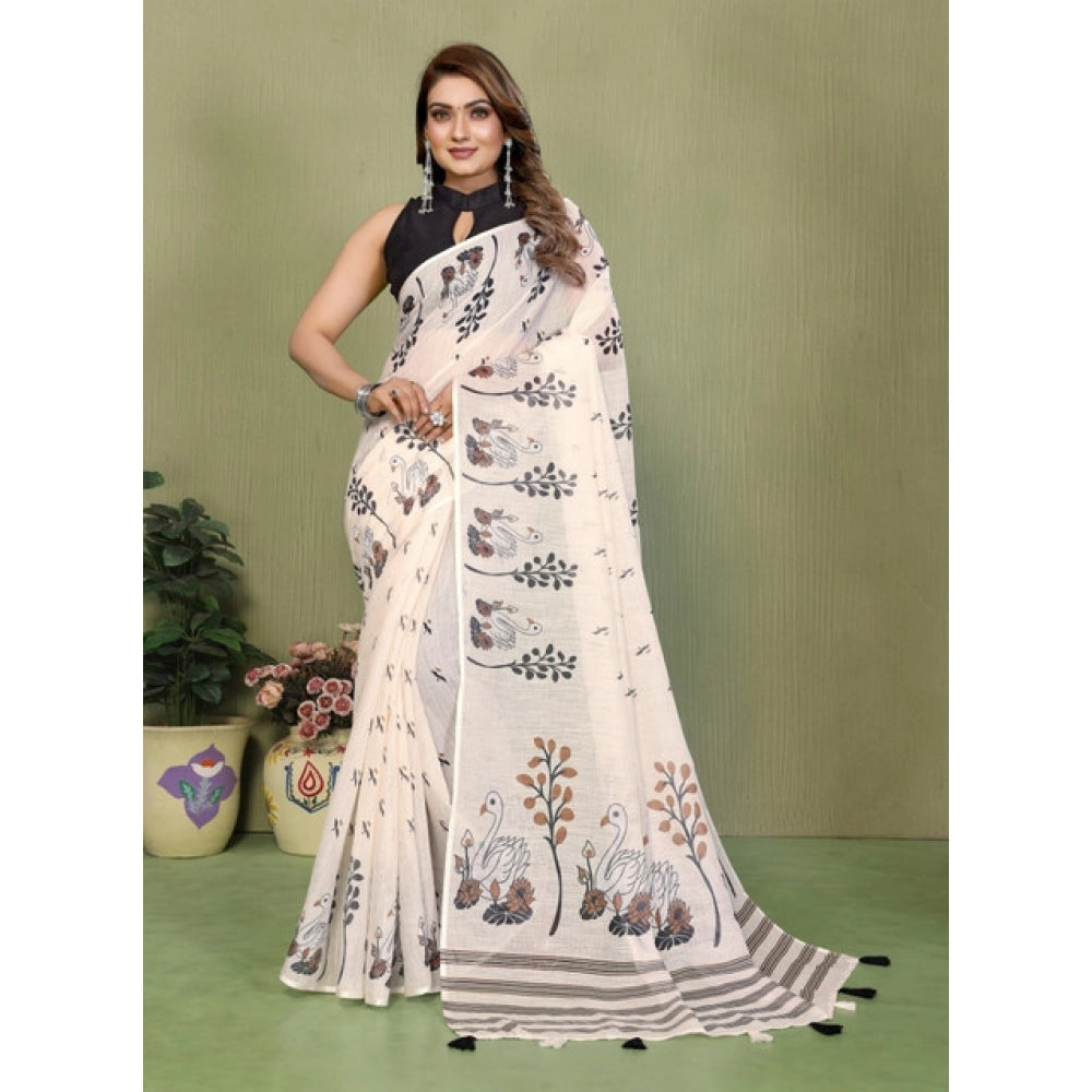 Women's Linen Cotton Printed Saree With Unstitched Blouse 5.5 Mtr (Off White)