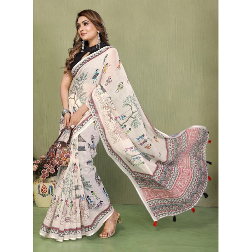 Women's Linen Cotton Printed Saree With Unstitched Blouse 5.5 Mtr (Off White)