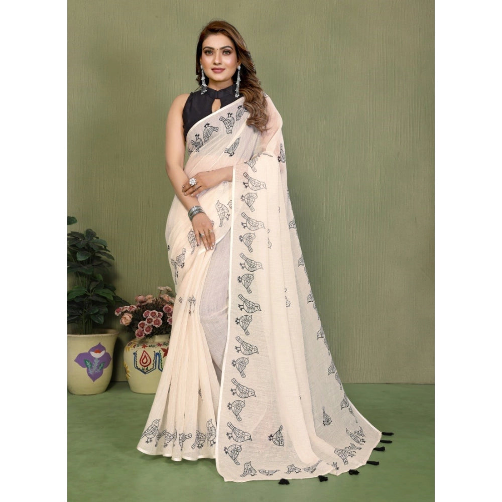 Women's Linen Cotton Printed Saree With Unstitched Blouse 5.5 Mtr (Off White)