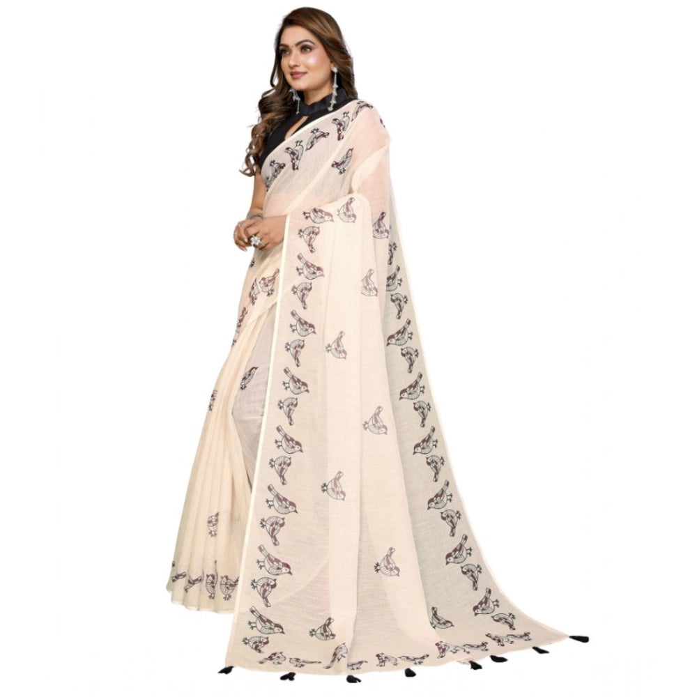 Women's Linen Cotton Printed Saree With Unstitched Blouse 5.5 Mtr (Off White)