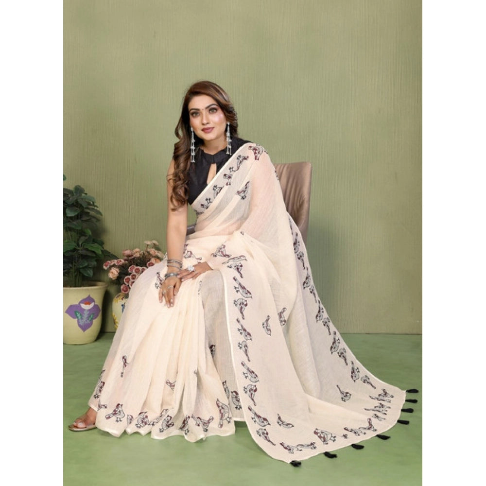 Women's Linen Cotton Printed Saree With Unstitched Blouse 5.5 Mtr (Off White)