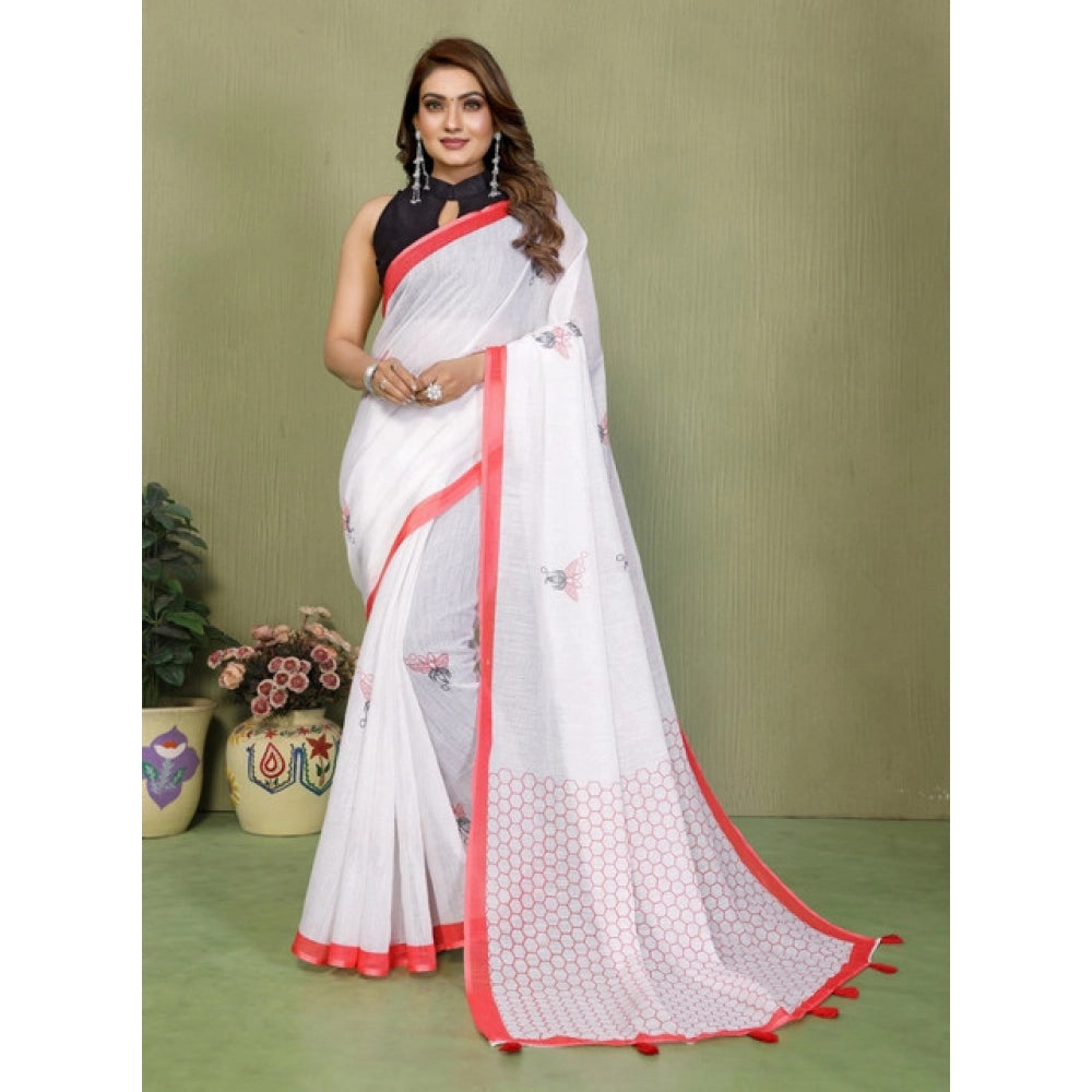 Women's Linen Cotton Printed Saree With Unstitched Blouse 5.5 Mtr (White)