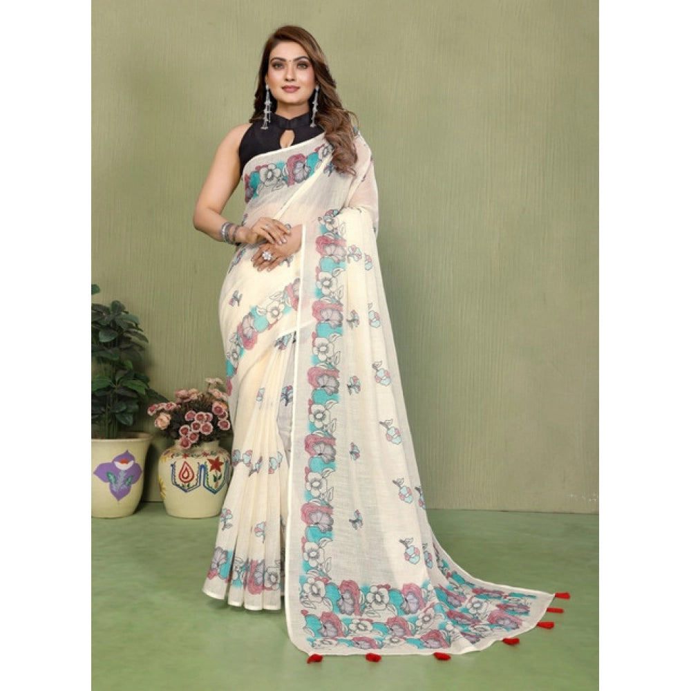 Women's Linen Cotton Printed Saree With Unstitched Blouse 5.5 Mtr (Off White)
