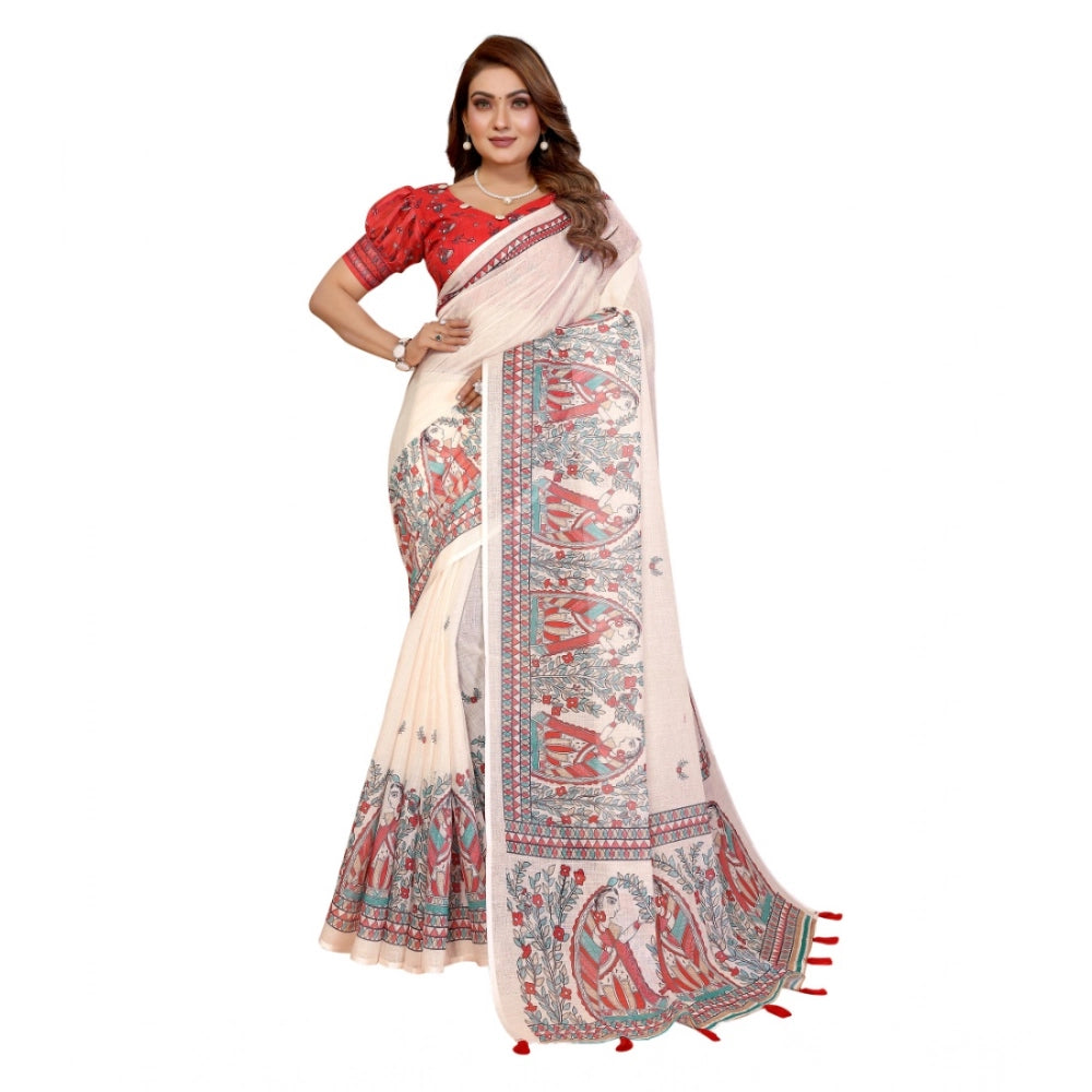 Women's Linen Cotton Printed Saree With Unstitched Blouse 5.5 Mtr (Off White)