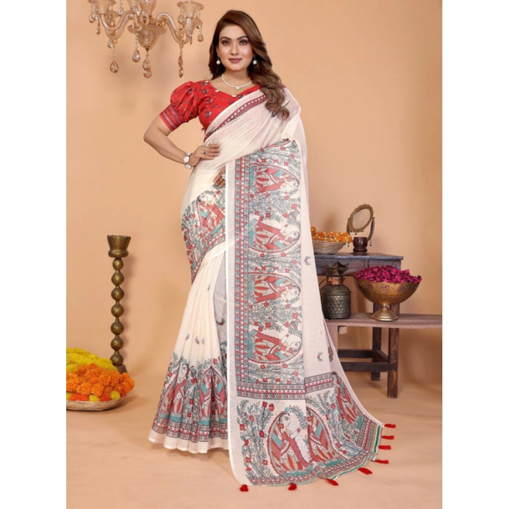 Women's Linen Cotton Printed Saree With Unstitched Blouse 5.5 Mtr (Off White)