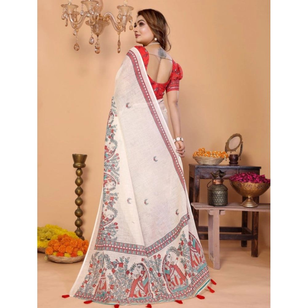 Women's Linen Cotton Printed Saree With Unstitched Blouse 5.5 Mtr (Off White)