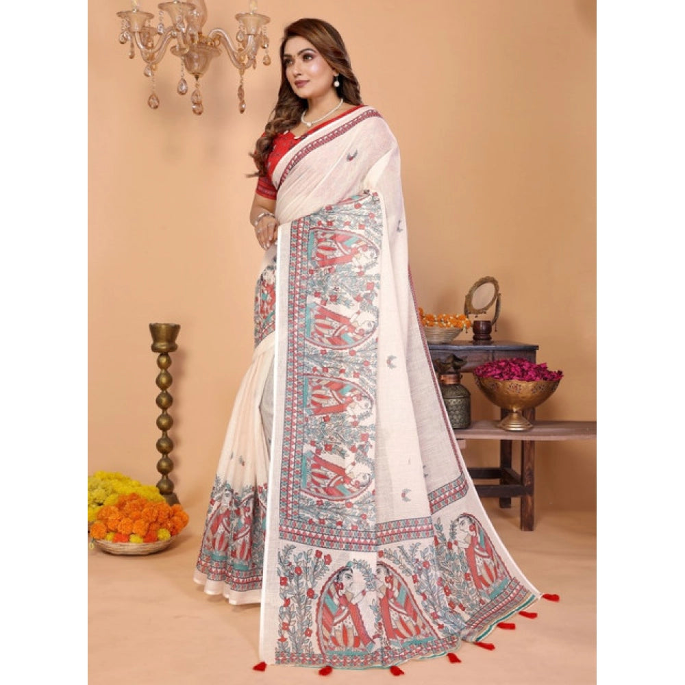 Women's Linen Cotton Printed Saree With Unstitched Blouse 5.5 Mtr (Off White)