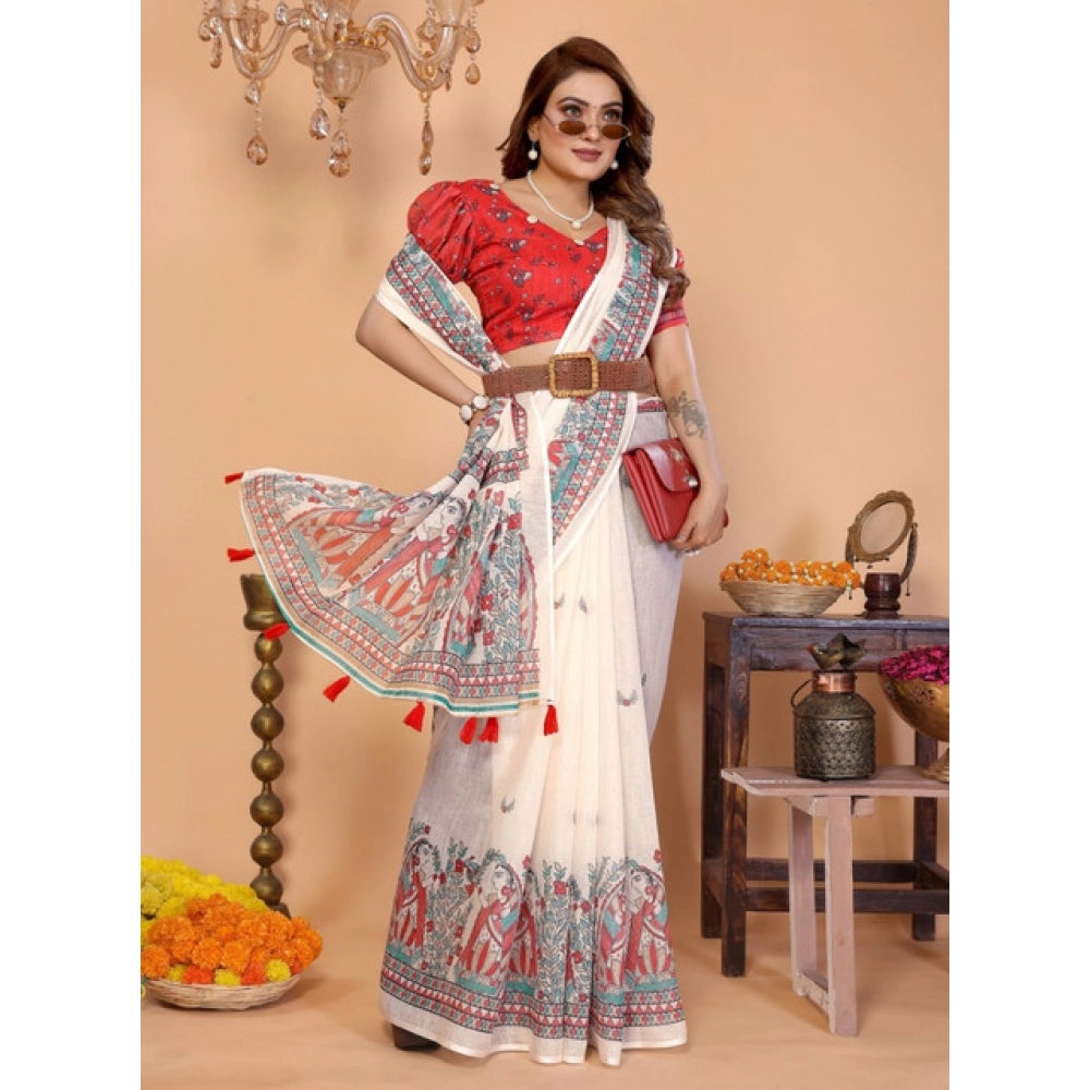 Women's Linen Cotton Printed Saree With Unstitched Blouse 5.5 Mtr (Off White)