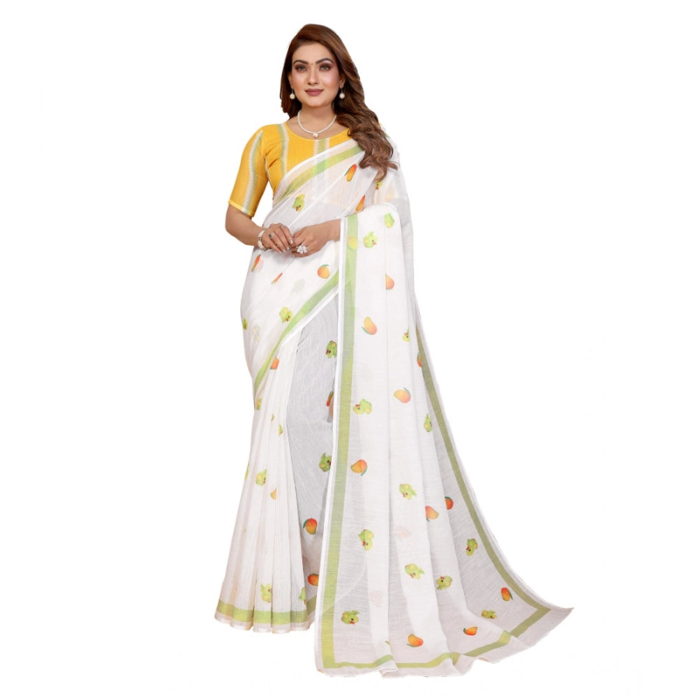 Women's Linen Cotton Printed Saree With Unstitched Blouse 5.5 Mtr (White)