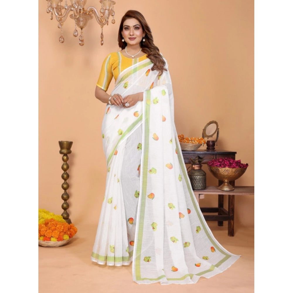 Women's Linen Cotton Printed Saree With Unstitched Blouse 5.5 Mtr (White)