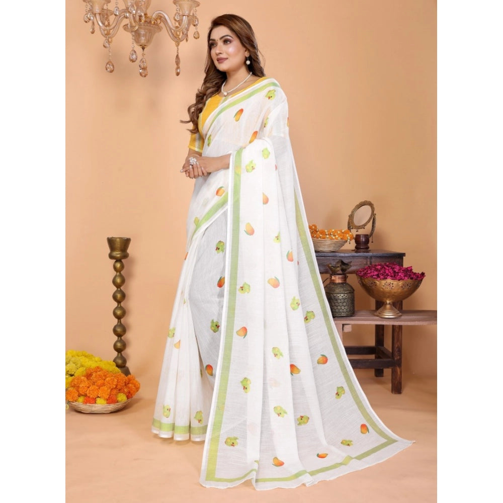 Women's Linen Cotton Printed Saree With Unstitched Blouse 5.5 Mtr (White)