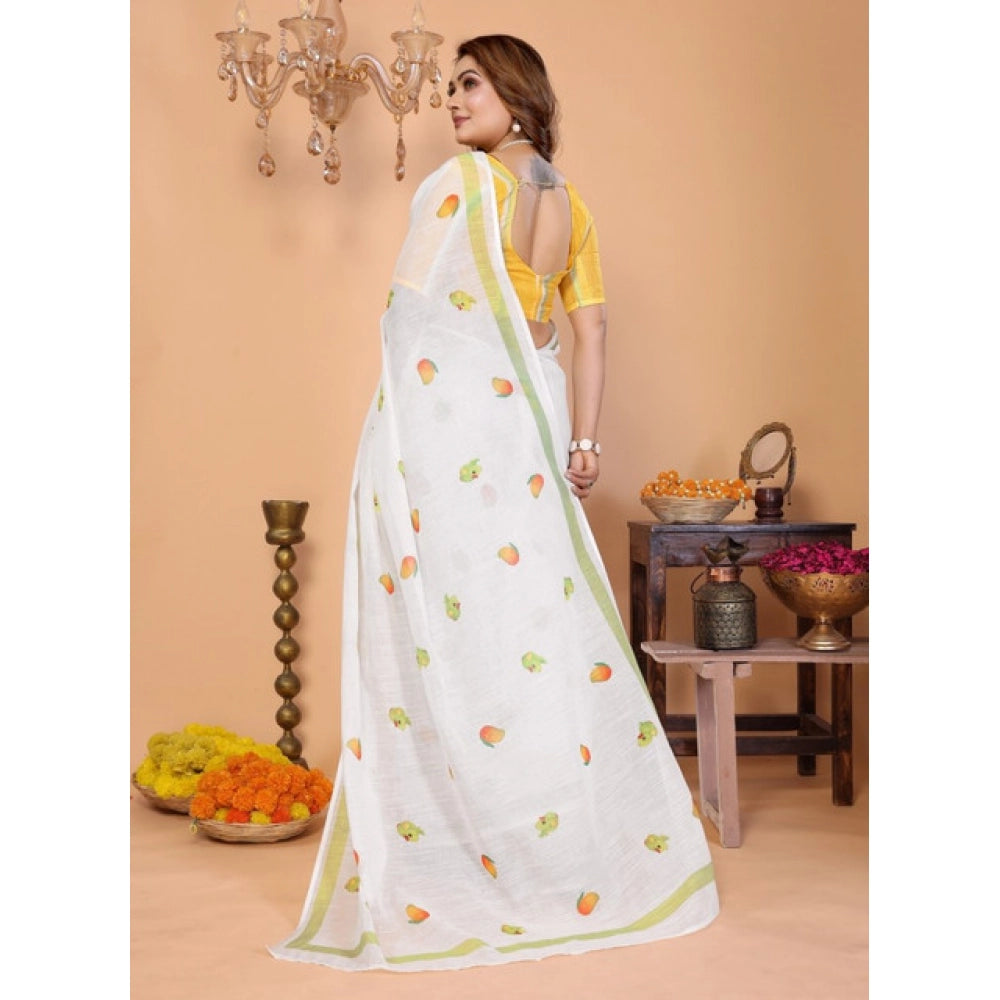 Women's Linen Cotton Printed Saree With Unstitched Blouse 5.5 Mtr (White)
