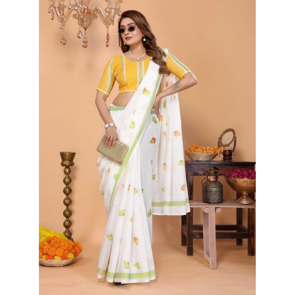 Women's Linen Cotton Printed Saree With Unstitched Blouse 5.5 Mtr (White)