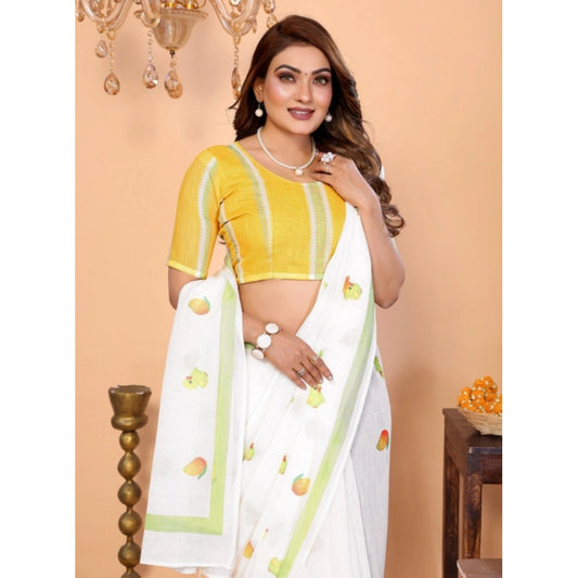 Women's Linen Cotton Printed Saree With Unstitched Blouse 5.5m (White)