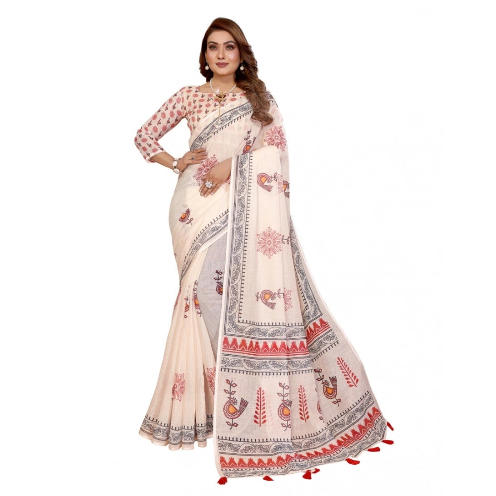 Women's Linen Cotton Printed Saree With Unstitched Blouse 5.5 Mtr (Off White)