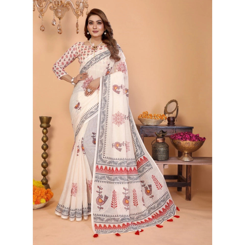 Women's Linen Cotton Printed Saree With Unstitched Blouse 5.5 Mtr (Off White)