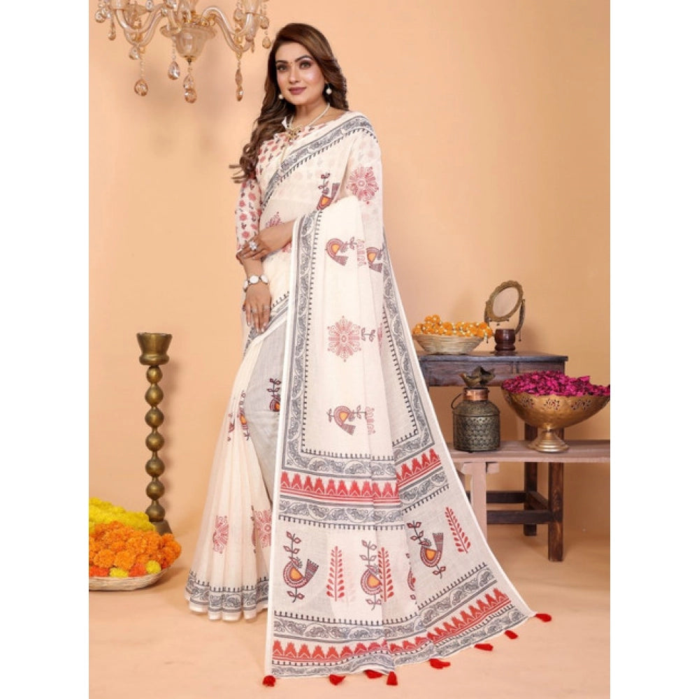 Women's Linen Cotton Printed Saree With Unstitched Blouse 5.5 Mtr (Off White)
