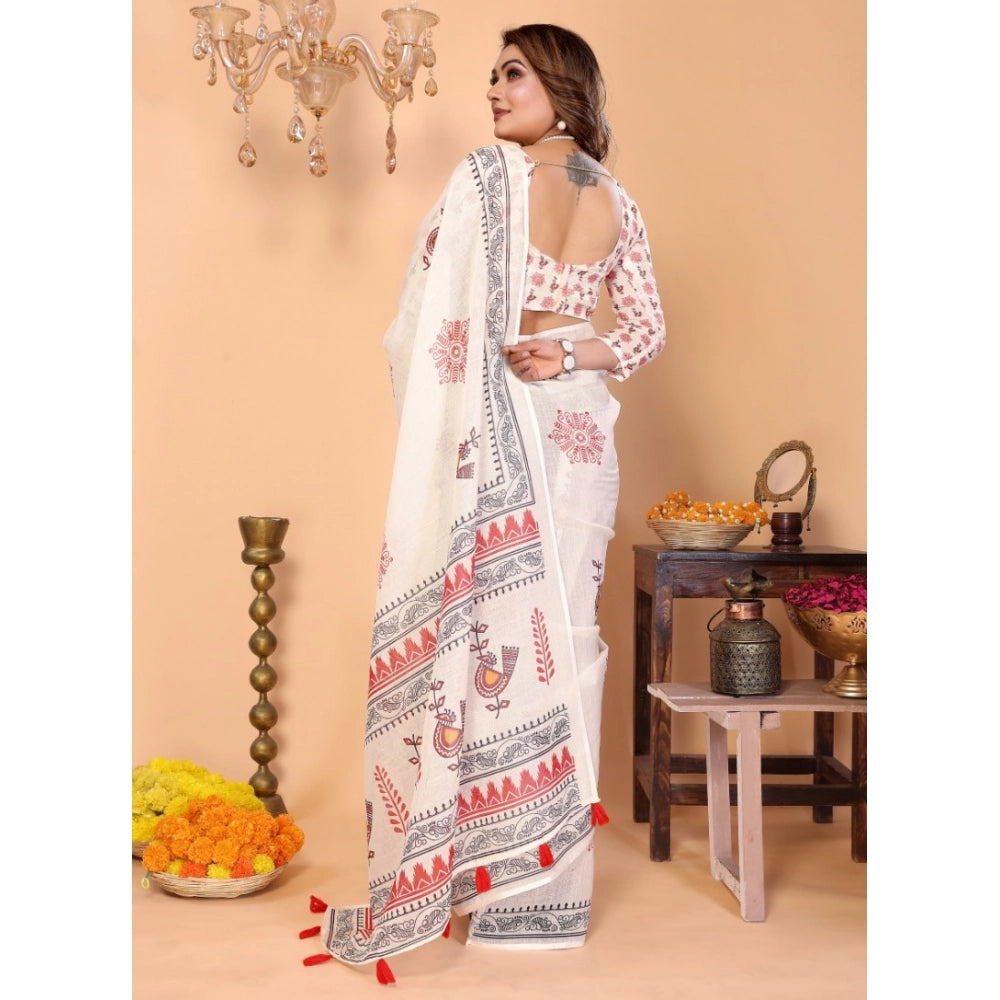 Women's Linen Cotton Printed Saree With Unstitched Blouse 5.5 Mtr (Off White)