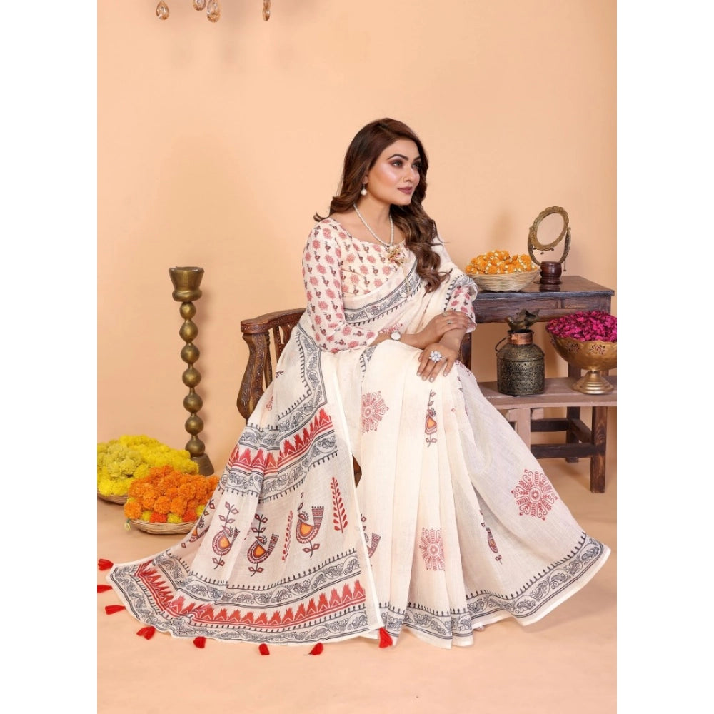 Women's Linen Cotton Printed Saree With Unstitched Blouse 5.5 Mtr (Off White)