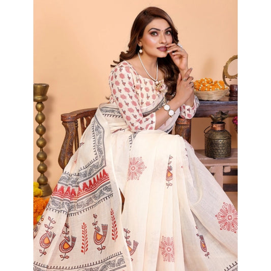 Women's Linen Cotton Printed Saree With Unstitched Blouse 5.5m (Off White)