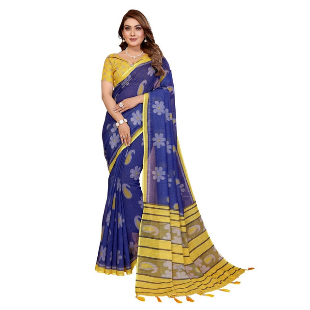 Women's Linen Cotton Printed Saree With Unstitched Blouse 5.5 Mtr (Blue)