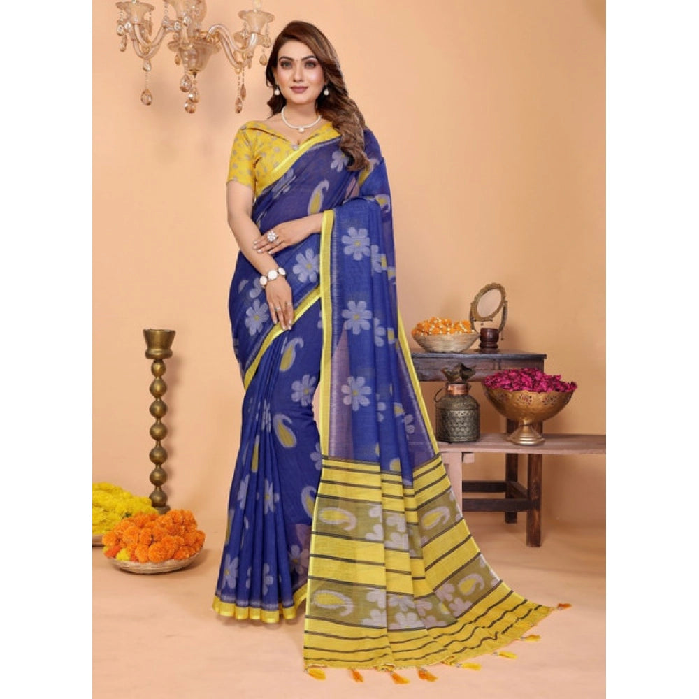 Women's Linen Cotton Printed Saree With Unstitched Blouse 5.5 Mtr (Blue)