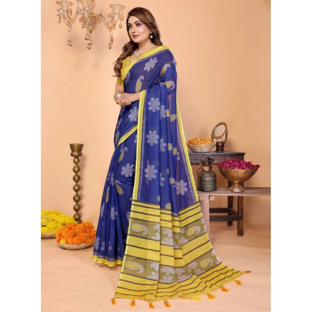 Women's Linen Cotton Printed Saree With Unstitched Blouse 5.5 Mtr (Blue)