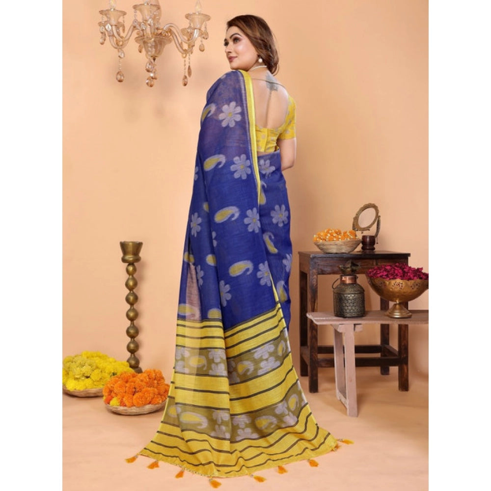 Women's Linen Cotton Printed Saree With Unstitched Blouse 5.5 Mtr (Blue)