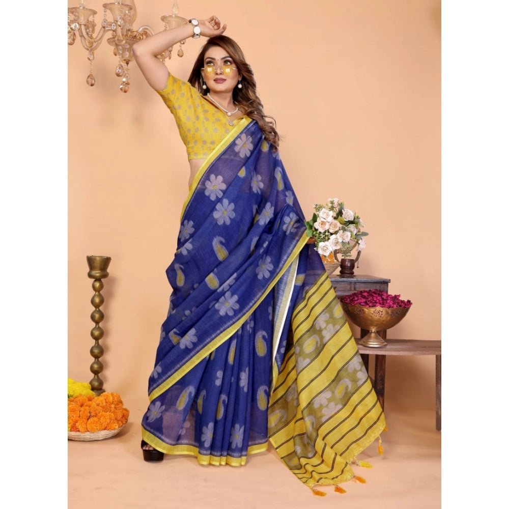 Women's Linen Cotton Printed Saree With Unstitched Blouse 5.5 Mtr (Blue)
