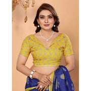 Women's Linen Cotton Printed Saree With Unstitched Blouse 5.5 Mtr (Blue)