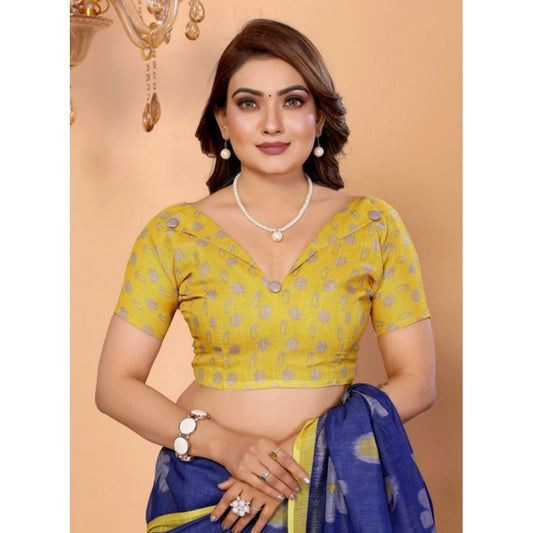 Women's Linen Cotton Printed Saree With Unstitched Blouse 5.5m (Blue)