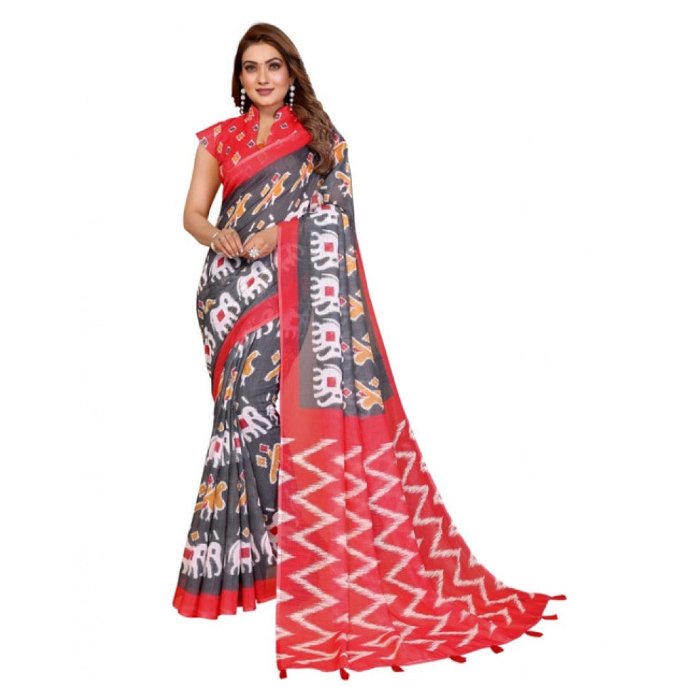 Women's Linen Cotton Printed Saree With Unstitched Blouse 5.5 Mtr (Grey)