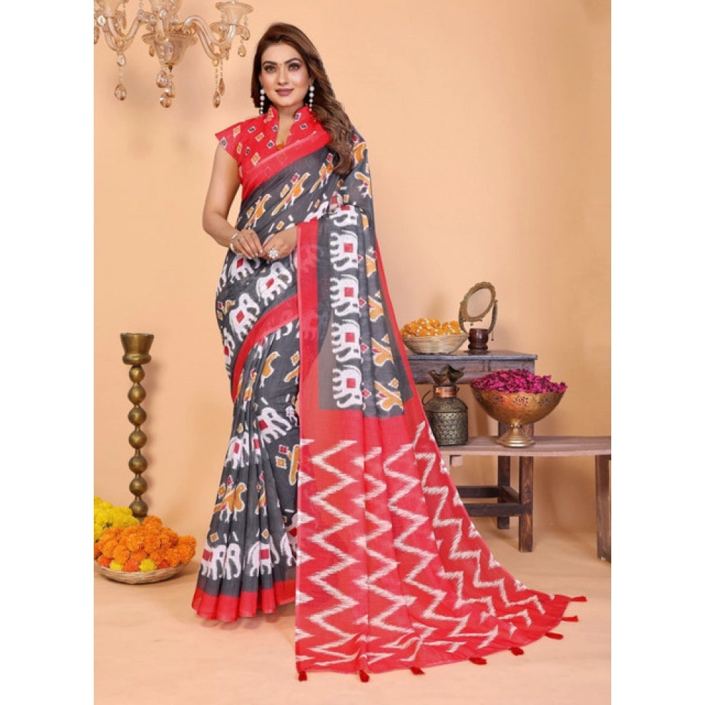 Women's Linen Cotton Printed Saree With Unstitched Blouse 5.5 Mtr (Grey)