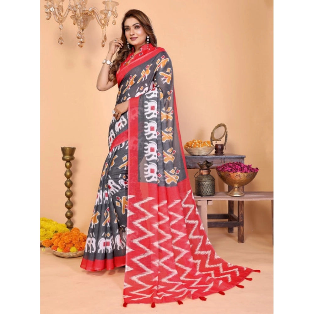 Women's Linen Cotton Printed Saree With Unstitched Blouse 5.5 Mtr (Grey)