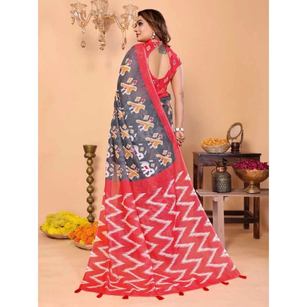 Women's Linen Cotton Printed Saree With Unstitched Blouse 5.5 Mtr (Grey)
