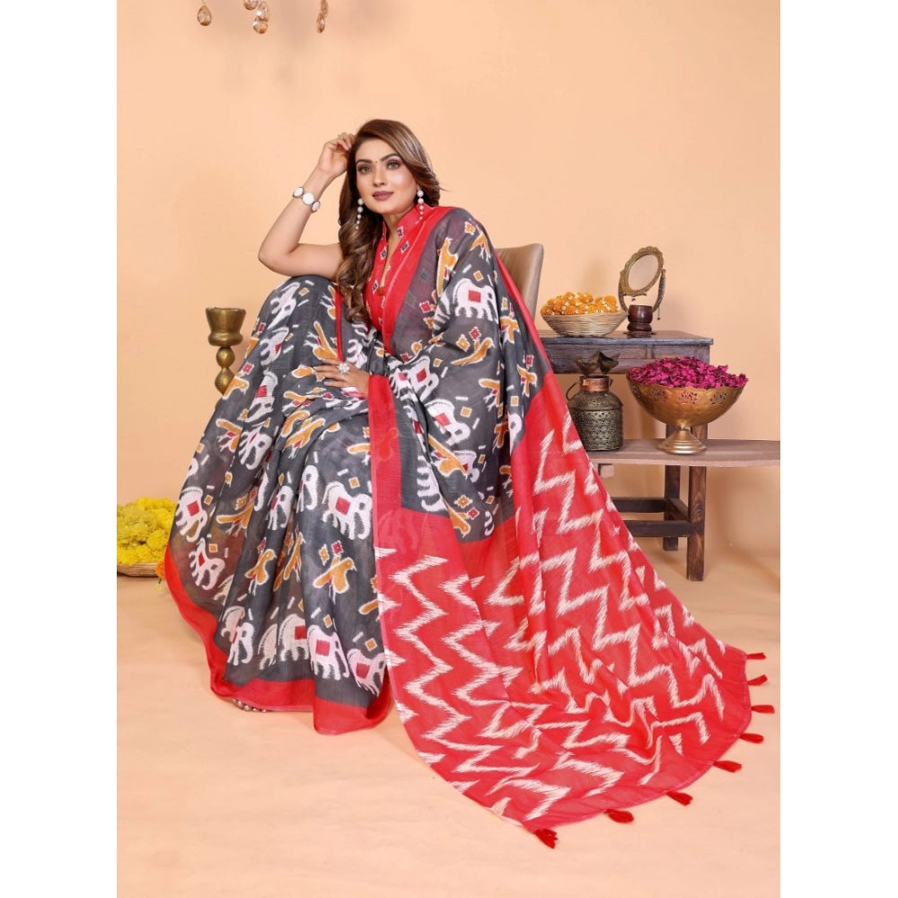 Women's Linen Cotton Printed Saree With Unstitched Blouse 5.5 Mtr (Grey)