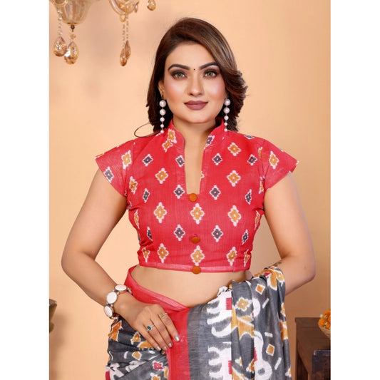 Women's Linen Cotton Printed Saree With Unstitched Blouse 5.5m (Grey)