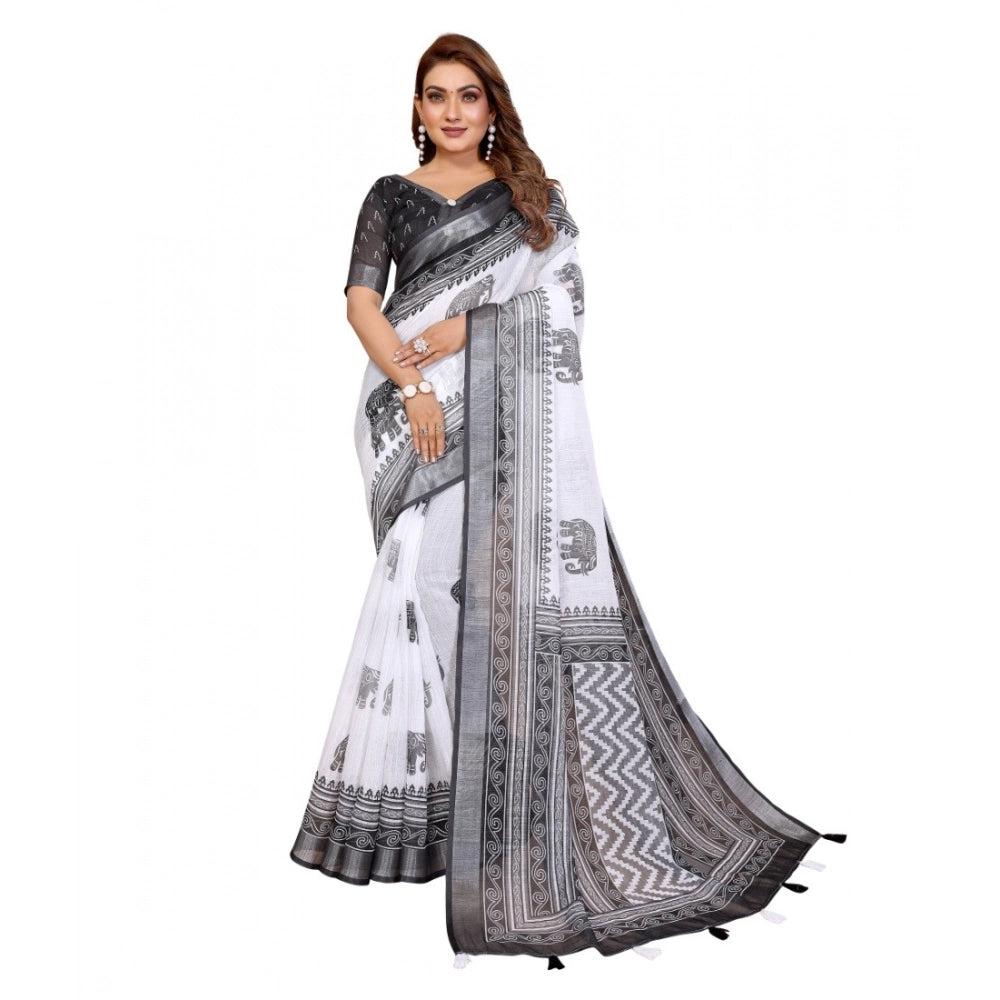 Women's Linen Cotton Printed Saree With Unstitched Blouse 5.5 Mtr (White-Black)