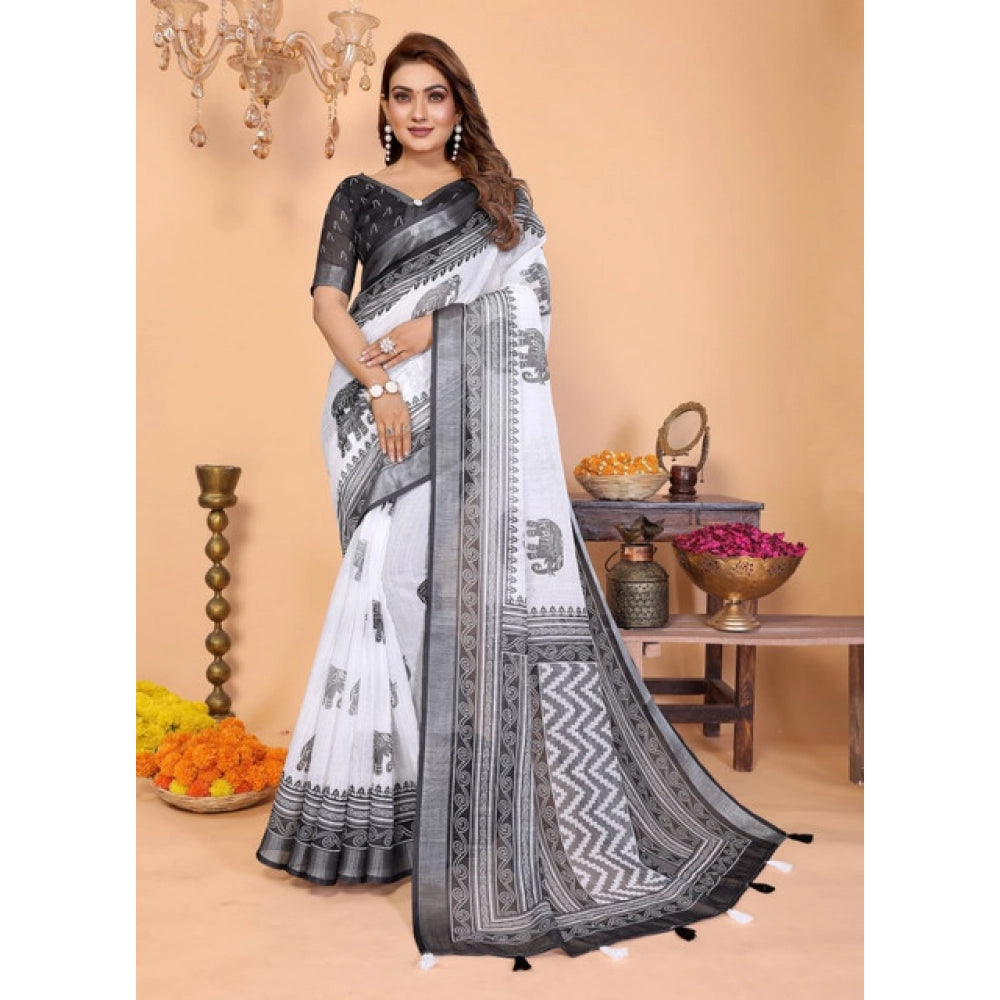 Women's Linen Cotton Printed Saree With Unstitched Blouse 5.5 Mtr (White-Black)