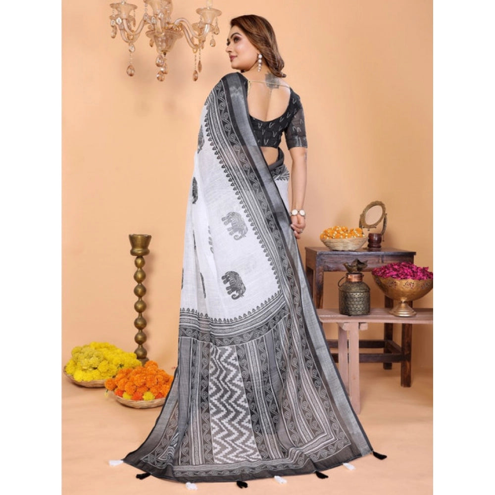 Women's Linen Cotton Printed Saree With Unstitched Blouse 5.5 Mtr (White-Black)
