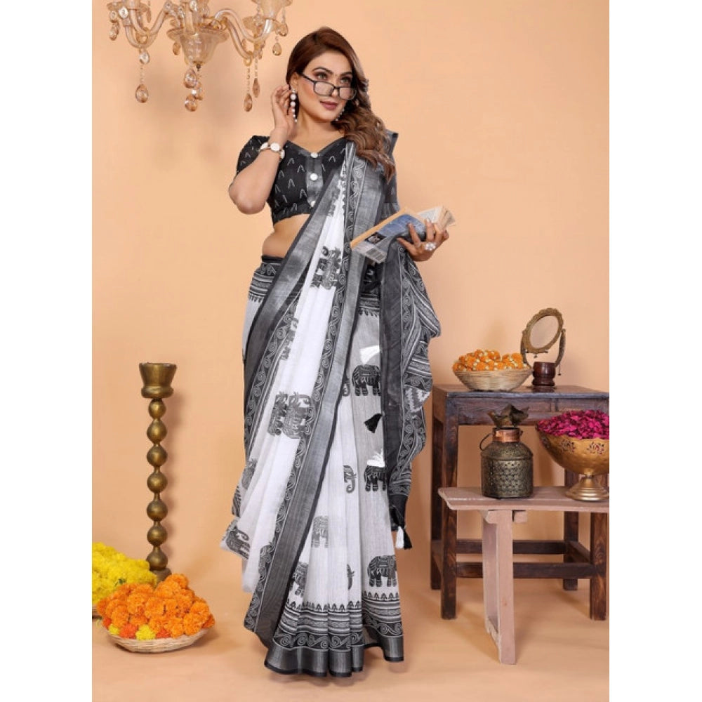 Women's Linen Cotton Printed Saree With Unstitched Blouse 5.5 Mtr (White-Black)