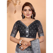 Women's Linen Cotton Printed Saree With Unstitched Blouse 5.5 Mtr (White-Black)
