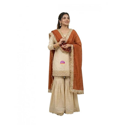 Women's Silk Embroidered 3/4th Sleeve V-Neck Kurti With Sharara Pant and Dupatta Set (Cream & Orange) - POPNOVA