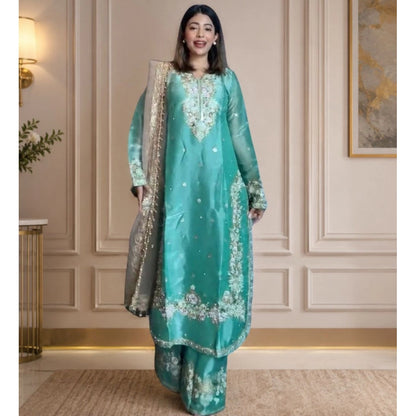 Women's Silk Embroidered 3/4th Sleeve Round Readymade Kurti With Palazzo Pant and Dupatta Set (Sea Green) - POPNOVA