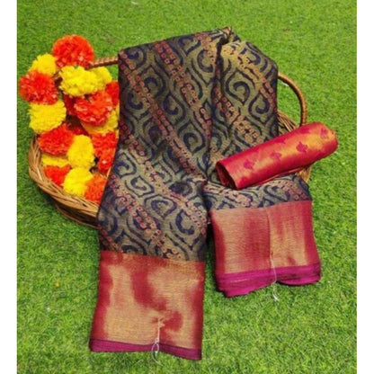 Women's Brasso Printed Saree With Unstitched Blouse 5.5 Mtr (Navy blue)