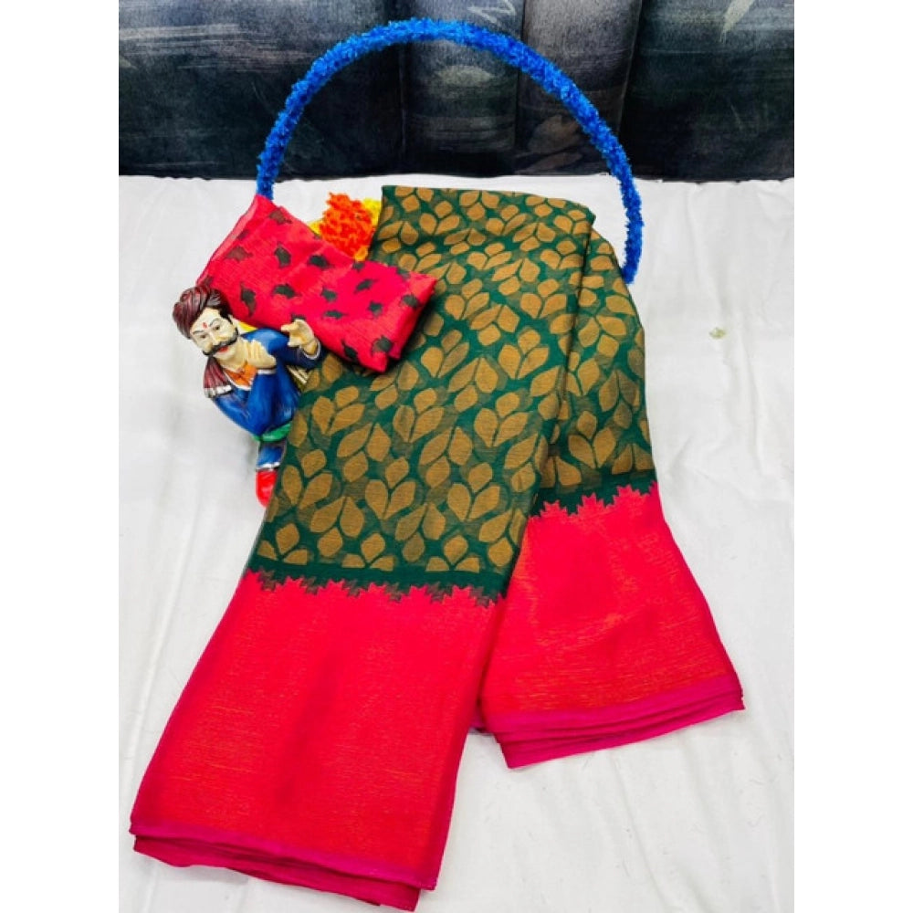 Women's Brasso Printed Saree With Unstitched Blouse 5.5 Mtr (Green)